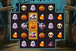 Spooky Chains A grid featuring various Halloween-themed icons, including pumpkins, ghosts, skulls, and candies, arranged in a playful pattern with a mystical background
