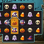 Spooky Chains A grid featuring various Halloween-themed icons, including pumpkins, ghosts, skulls, and candies, arranged in a playful pattern with a mystical background