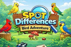 Colorful cartoon birds around a Spot Differences sign with a magnifying glass in a sunny forest clearing