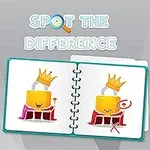 A cute cartoon lock with a crown sits on a throne, shown in two similar images inside a notebook with Spot the Difference written above, along with colored pencils nearby