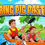 A vibrant illustration featuring two kids in bright life vests kayaking on a lively river, surrounded by greenery and a sunny sky, with the text Spring Pig Pastime prominently displayed above