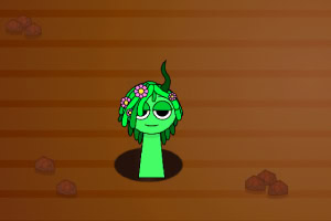 A cartoonish green character with a flower crown and a relaxed expression, standing in a simple background with a wooden texture and some brown stones