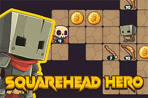 Cartoon square-headed armored character with a red scarf beside a tiled maze with skeleton enemies, coins, and bold yellow SQUAREHEAD HERO title text