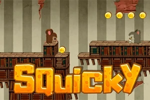 A cartoon-style game scene featuring two cartoon mice navigating a platform made of books, with gold coins floating above and a bright orange title Squicky prominently displayed