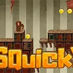 A cartoon-style game scene featuring two cartoon mice navigating a platform made of books, with gold coins floating above and a bright orange title Squicky prominently displayed