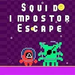 The image features a colorful, pixelated game title Squid Do Impostor Escape, with a red character and a green character, set against a purple background with a coin graphic