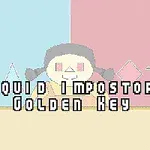 A colorful, pixel-art style image featuring a character with gray hair, flanked by two small squid-like figures, against a split background of blue and pink, with the text Squid Impostor Golden Key prominently displayed