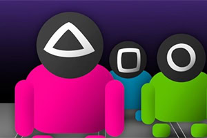 Colorful cartoon characters with oversized round heads featuring geometric shapes, standing in a row against a purple background, in pink, blue, and green