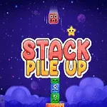 The image features a colorful game title STACK PILE UP against a starry night sky, with various cartoonish block characters stacked below and a glowing star above, creating a fun, playful atmosphere