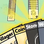 A colorful game interface featuring resource cards labeled Villager, Coin, Stone, and Wood alongside a resource tracker in the background