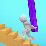 A 3D cartoon-like character is climbing a set of yellow stairs while carrying a large purple object