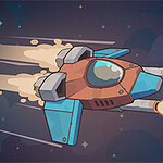 A stylized spaceship is flying through a starry background, with bright exhaust flames trailing from its engines