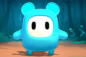 A cute blue character with a round body and bear-like ears, standing in a forest setting with muted green foliage in the background
