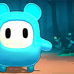 A cute blue character with a round body and bear-like ears, standing in a forest setting with muted green foliage in the background