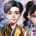 A boy in a golden outfit and a girl in a school uniform with a purple bow stand side by side against a backdrop of cherry blossoms