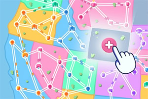 A colorful map divided into distinct sections, featuring interconnected pathways and icons, with a hand cursor pointing to a highlighted area marked with a plus symbol