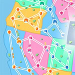 A colorful map divided into distinct sections, featuring interconnected pathways and icons, with a hand cursor pointing to a highlighted area marked with a plus symbol