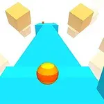 A vibrant 3D game scene featuring a rolling orange-striped ball navigating a narrow blue path flanked by floating yellow cubes against a white background