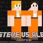 A pixelated graphic featuring two blocky characters, Steve and Alex, in orange prison uniforms, set against a dark background, with the title STEVE VS RLEX Jailbreak prominently displayed below them