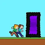 Two pixelated characters run towards a tall, black-bordered portal featuring a vivid purple center, set against a bright blue sky and grassy ground, reminiscent of a video game style