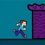 A cartoon character with a blocky style is running toward a tall, purple door with a wavy texture, set against a solid blue background