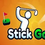 The image features a stylized logo for Stick Golf, showcasing a stick figure golfer in action, a golf ball, a small green with a red flag, and a bright orange background with stars