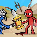 A blue stick figure in armor wields a sword against a red stick figure holding a hammer in a cartoonish battle scene set in a simplistic, outdoor landscape