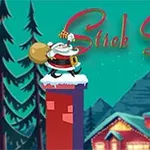 The image features a cartoon Santa Claus standing on a snowy chimney with a bag of gifts, surrounded by pine trees and mountains, along with the title Stick Santa in a festive font