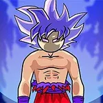 A cartoonish character with spiky purple hair and a muscular build is standing confidently, wearing a waist wrap and surrounded by a blue aura, suggesting a powerful or magical presence