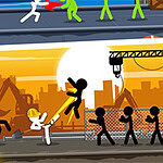 A vibrant illustration depicting stick figures in a chaotic scene, with one character wielding a shovel against others in an urban setting featuring construction elements and a dramatic sunset backdrop