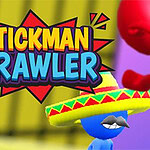 A colorful digital artwork featuring a blue stick figure wearing a wide-brimmed sombrero and a mustache, alongside a red figure in a playful fighting pose, set against a vibrant background