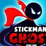 An eye-catching logo featuring a stickman character with a red cape, set against a bright blue background, and the text STICKMAN GHOST ONLINE prominently displayed