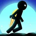 A silhouetted figure with a jetpack is depicted walking against a bright blue moon background, surrounded by a starry sky