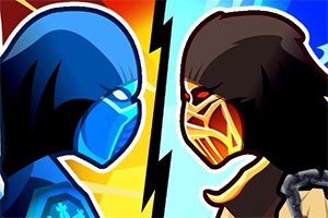Two masked cartoon characters in blue and black face each other in profile, separated by a lightning bolt on a split yellow and blue background