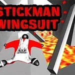 A stickman character in a wingsuit is flying through a 3D environment with sharp obstacles and lava below, highlighted by bold red text that reads STICKMAN: WINGSUIT