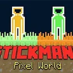 The image features two pixelated stick figures in orange and green standing on vibrant, contrasting backgrounds of grass and dirt, with the title STICKMANS Pixel World prominently displayed below