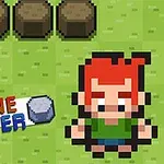 The image features a pixel art style game scene with a character sporting red hair and a green shirt, standing next to a rock and surrounded by wooden barrels and blocks, with the title STONE SMACKER prominently displayed