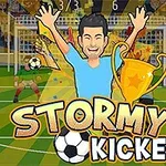 An animated soccer game screen titled Stormy Kicker, featuring a joyful character celebrating with a trophy, vibrant background elements, and soccer players in action