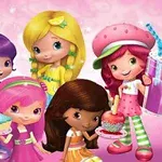 A colorful group of five animated girls, each with distinct hairstyles and outfits, surrounded by fun food items like ice cream, candy apples, and drinks, set against a pink background