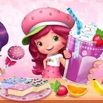 A colorful cartoon scene featuring two girls with bright hairstyles, one holding a candy pop and the other a purple drink, surrounded by various desserts including chocolate, a decorated cake, and fruit