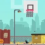 A pixel art scene featuring a young boy dribbling a basketball near a basketball hoop, a bicycle, a black cat, and a yellow dumpster, with a city skyline in the background