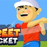 A cheerful cartoon boy in a white cap is swinging a bat towards a red cricket ball, set against a bright blue background with the bold text Street Cricket prominently displayed