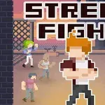 A pixel art scene depicting a street fight, featuring a central character with orange hair and crossed arms, surrounded by various fighters in a gritty urban setting, under the title STREET FIGHT