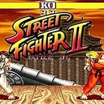 An iconic screenshot from the classic video game Street Fighter II, featuring the characters Ryu and Ken in combat, with the games logo prominently displayed above them