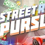 A vibrant graphic featuring a sleek red sports car with the bold text Street Race Pursuit and imagery of money and urban elements in the background, conveying a sense of speed and excitement