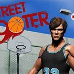 The image features a stylized basketball game titled Street Shooter, showcasing a muscular male player in a basketball jersey holding a basketball against a backdrop of a basketball court