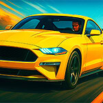 A bright yellow sports car speeds down a winding road, with dynamic motion effects and a driver focused on the path ahead