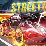 A red sports car speeds through a vibrant cityscape, engulfed in flames, with the bold text STREETRACE FURY overlaying the scene, emphasizing the thrilling atmosphere of a street racing theme