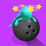 A teal alien figure sits on a black bowling ball, surrounded by swirling stars against a vibrant purple background, conveying a whimsical and playful theme