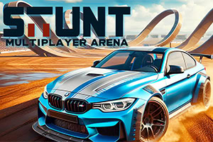 Turquoise sports car racing on a sunlit stunt track with loop ramps in the background